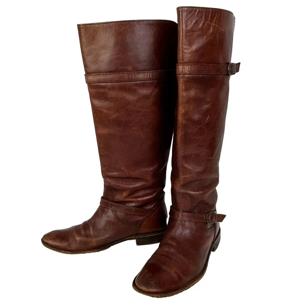 Frye Shirley Pull Riding Boots Full Leather Knee High Buckles Cognac Brown 6.5